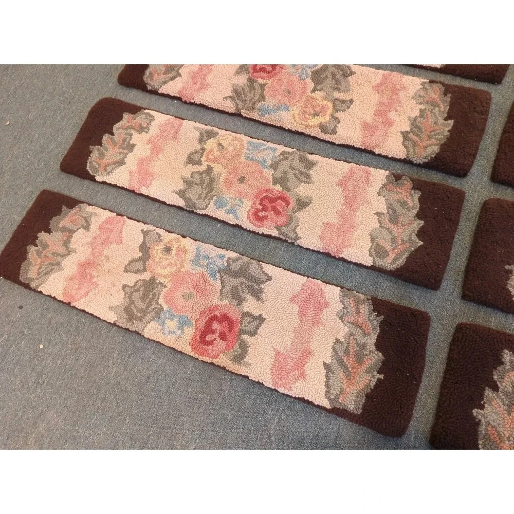 10 Antique Primitive Country Handmade Hook Wool Hooked‎ Stair Treads Floral Rug